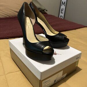 Jessica Simpson Martella Black Leather Open Toe Heels Ladies